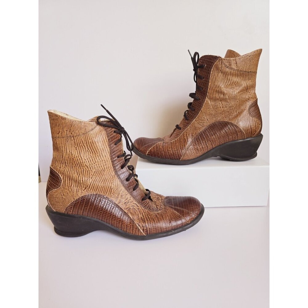 Victortian Boho Western Two Tone Colorblock Brown Lace Up Ankle Boots Shoes 37 7